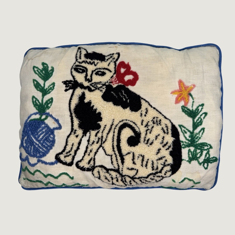 Vintage Handmade Punch Needle Cat Pillow Chenille Yarn Ball Folk Art Decor